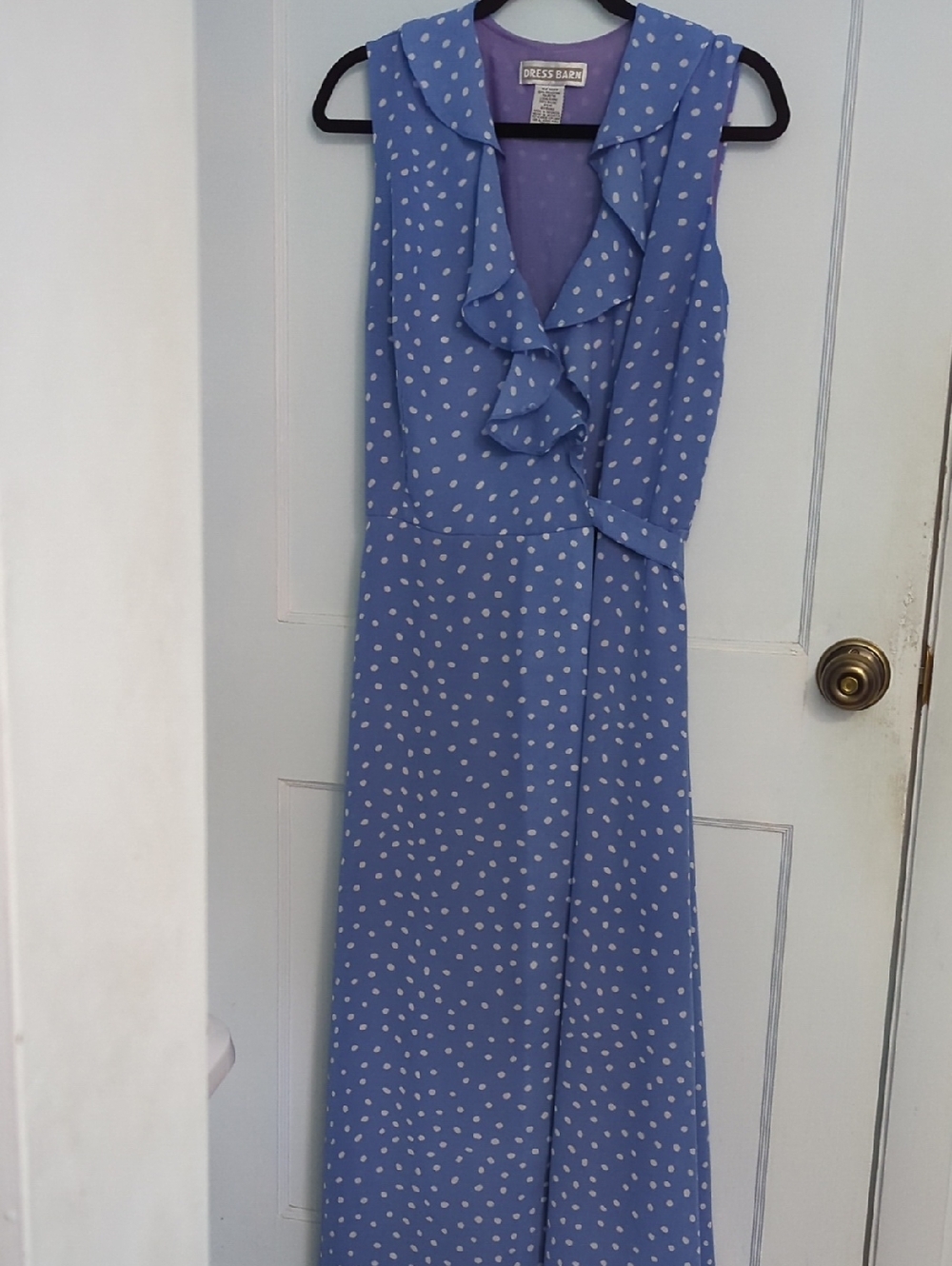 Dress Barn Sz 14 Blue Polka Dot Ruffle Wrap Around Maxi Dress